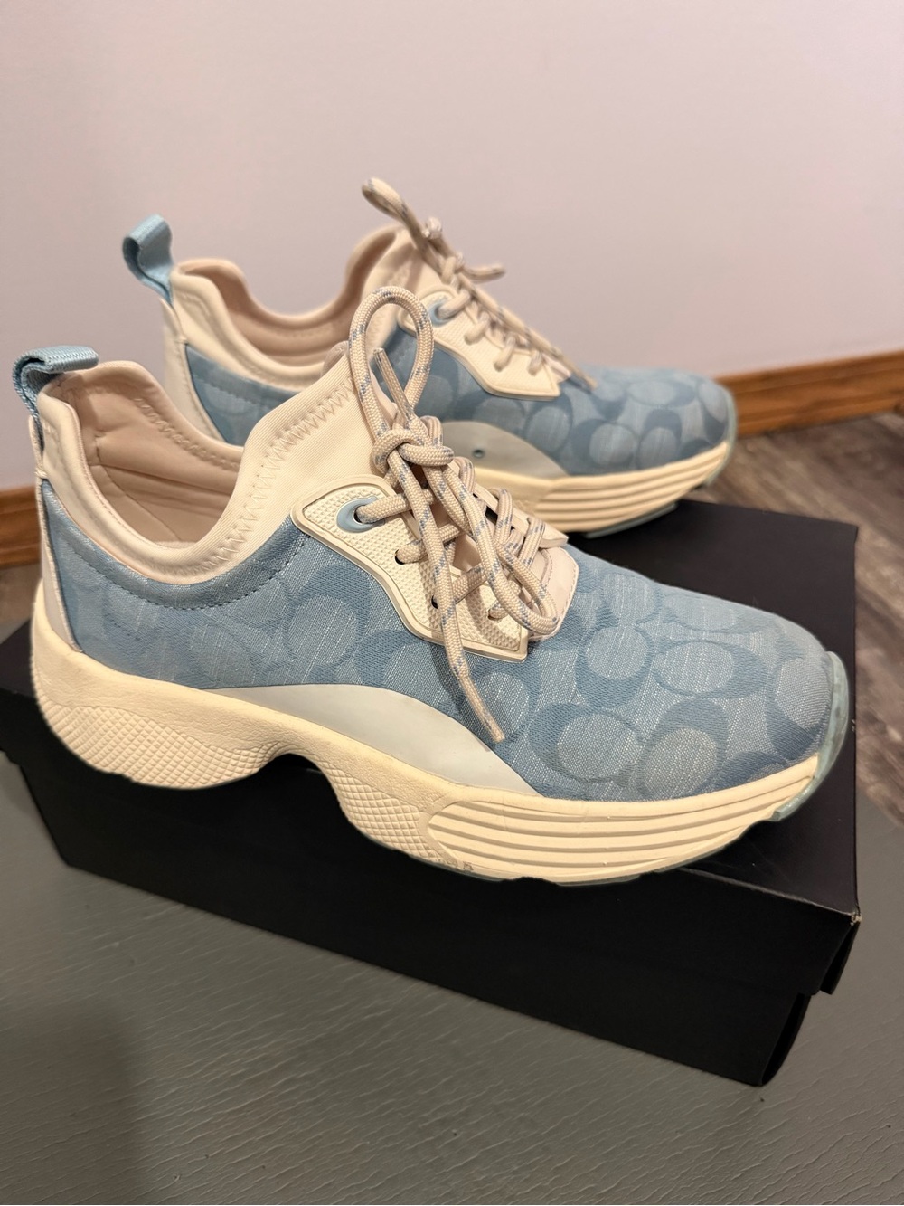 Coach Sky Blue and Cream Signature Runner Sneakers